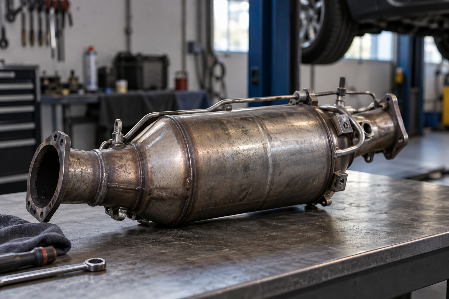 Metalen behuizing van een roetfilter op een werkbank